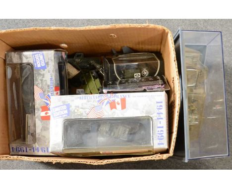 Military die-cast models and vehicles, one box including Corgi The Aviation Archive B17-Sally B Mustang Thunderbolt 1:144 sca