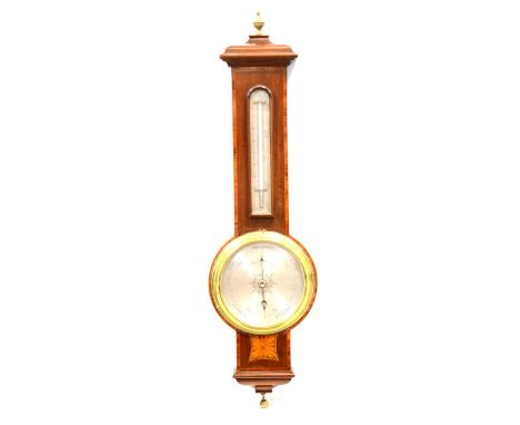 Edwardian Negretti &amp; Zambra barometer, inlaid mahogany case, silvered dials, aneroid movement, 74cm.
