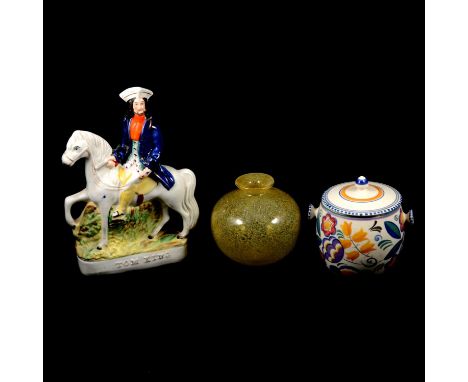 Staffordshire pottery figures, Dick Turpin and Tom King, 30cm, and other ceramics.Condition report:The Poole biscuit barrel h