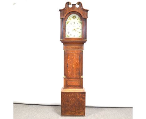 Oak and mahogany longcase clock, the hood with swan neck finial, fluted columns, trunk with short inlaid door flanked by quar