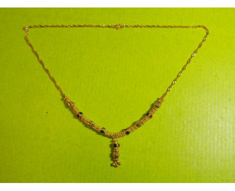 916 YELLOW GOLD, RUBY RED AND EMERALD GREEN ENAMEL NECKLACE WITH DROP PENDANT - 40CM IN LENGTH - 14.8G APPROX.