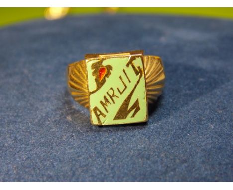 UNMARKED YELLOW METAL SIGNET RING WITH ENAMEL PLATFORM NAMED ARMJIT WITH BLAZE CUT DECORATION - SIZE N - 6.5G APPROX.