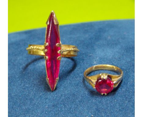 UNMARKED YELLOW METAL MARQUISE AND SYNTHETIC RUBY SET RING - SIZE L -3.3G APPROX. AND A UNMARKED YELLOW METALS CHILDS RING SE