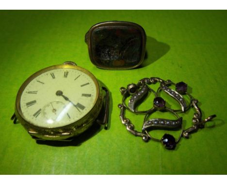 18K GOLD  CASED WRIST WATCH, 9CT AMETHYST AND SEED PEARL PENDANT AND A PINCHBECK INTAGLIO FOB 