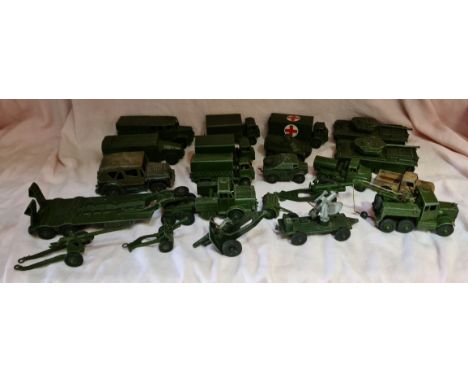 Dinky Toys/Supertoys, A group of play worn Military vehicles to include 3 x 623 Army Wagons, 626 Military Ambulance, 677 Armo