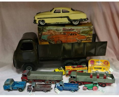 A box of playworn diecast vehicles to include a boxed Minister Delux in lemon, a Tri-Ang Army transport truck, a boxed Merit 