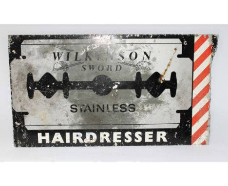 A double sided metal sign "WILKINSON SWORD STAINLESS HAIRDRESSER" 56cm x 32cm.  