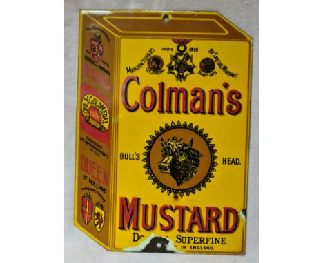 A reproduction Colman's Mustard enamel sign 19.5cm x 27.5cm.  
