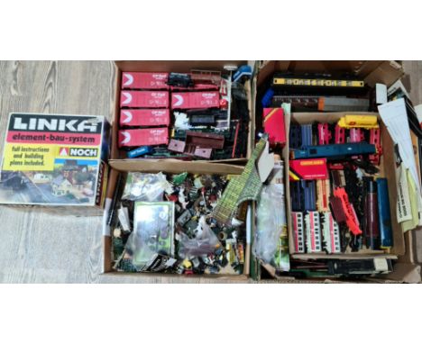 3 boxes of model railway items to include Hornby Duchess of Abercorn 6234 engine, rolling stock and accessories etc.  