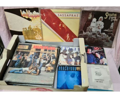 A box of records, 7" &amp; 12" singles and LPs to iclude Led Zepplin II, Hustler High Street, Elton John Caribou (with poster