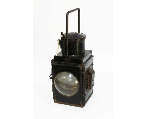 A vintage BR guard's van hand lamp, height 45cm.Condition:- General wear through age and use, all glass intact, some pittinin