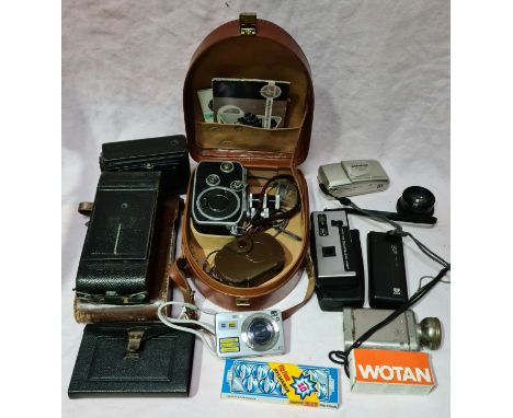 A box of cameras & accessories to include a Paillard - Bolex cine cam with western master III light meter, 2 x Coerz, instama