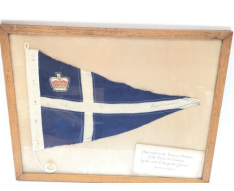 Framed signed America's cup flag presented to the Yeomen Warders of the Tower of London.Comes with a letter of Authenticity.