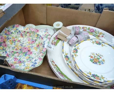 A Carltonware dressing table set, Chintz fruit bowl, fruit dessert bowl and plates etc.