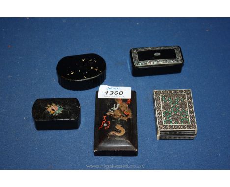 A small 19th Century snuff box inlaid with mother of pearl plus an oval snuff box with ribbed decoration and another all pape