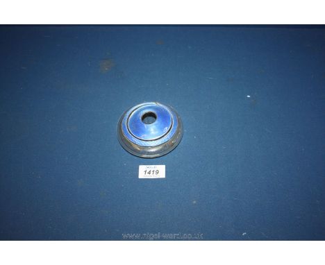A shallow glass cotton wool jar having an engine turned pale blue enamelled lid and rim; 4" diameter and approximately 1 3/4"