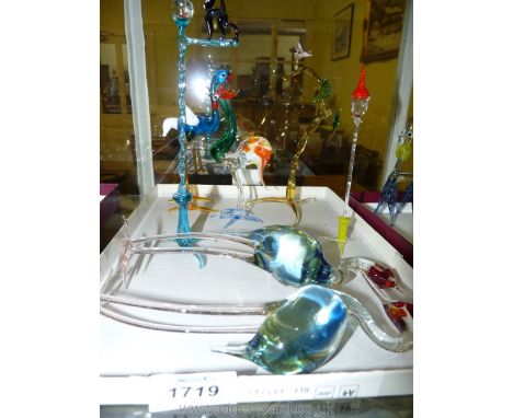 Severn large miniature Murano blown glass animals including a black cat on a lamp post, a lamp post and heron birds.