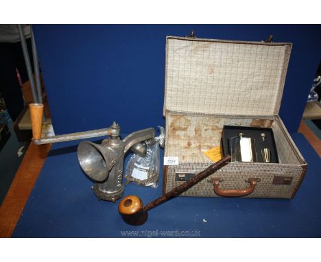 A Spong large mincer, a wooden made pipe and a boxed stainless steel hip flask, funnel and small beakers boxed in a small cas