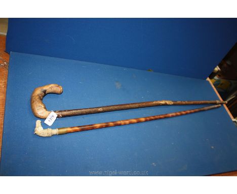 A wooden walking stick and a cane walking stick having a horse head handle