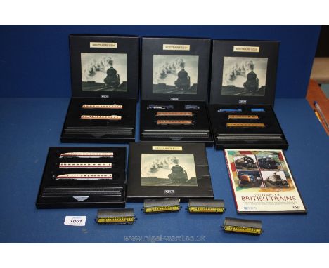 Four boxed mini Locomotives, 1/220 scale by Atlas Collections together with four loose carriages and DVD, 100 years of Britis