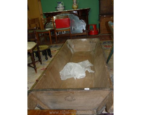 An unusually large antique Pine dough Trough, 87 1/2'' x 28'' x 11 1/4'' high and having iron strengthening bars/bands.