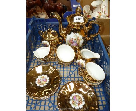 A Bavarian Coffee set, six setting with coffee pot, cream jug and sucrier having a gold background and a minstrel playing to 