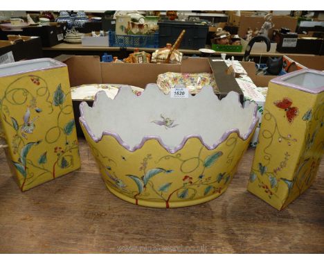 A pair of yellow china butterfly vases and matching planter, one vase marked 14 to base.