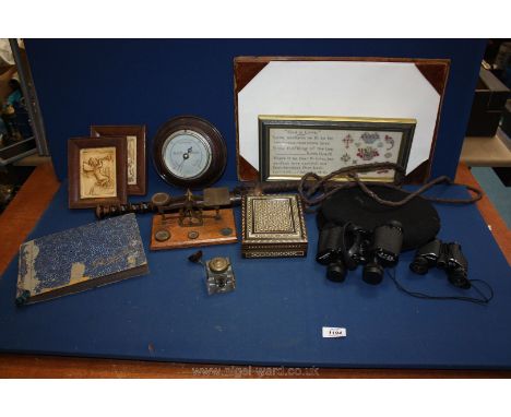 A quantity of miscellanea including two pairs of binoculars, hat, Brownie scales, whip, truncheon, blotter, etc.