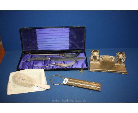 A cased Carving set, crumb brush and tray and a brass sweet Thermometer