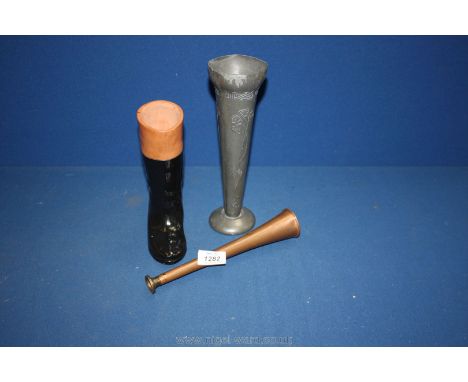 A pewter vase, small riding boot and copper hunting horn