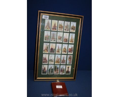 A Hip flask in leather case and a framed set of Cigarette cards