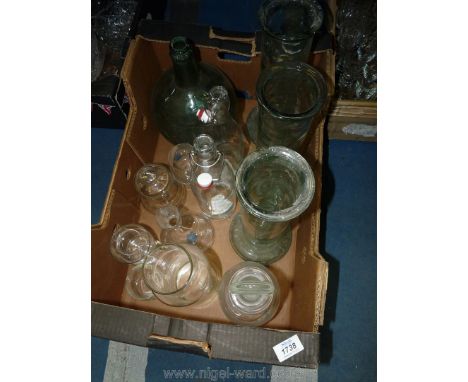 Miscellaneous glass including three large tall vases, green round bottle vase, decanter, etc.