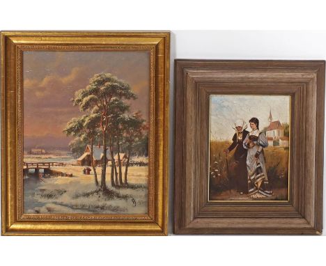 Monogrammist "JF" (1. Drittel 20. Jh.) Winterlandschaft mit Reisigsammlerinnen. Öl/Holz, re. u. monog. "JF" oder "FJ". Ca. 35