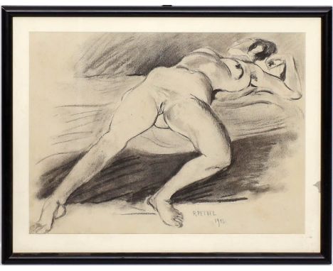 Petuel, Rudolf (1870 München 1937) Liegender, weiblicher Akt. Kohlezeichnung (l. Altersspuren), re. u. sign. und dat. 1912. C