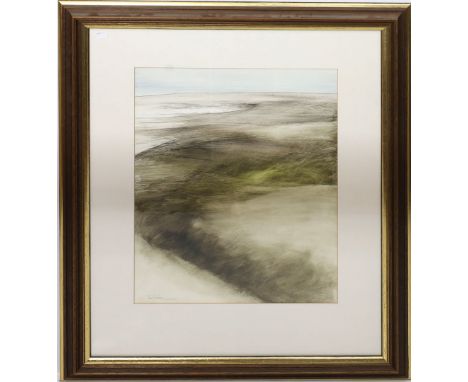 Unbekannter Künstler (20. Jh.) Abstrakte Küstenlandschaft. Wohl Aquarell (Kratzer), u. unleserlich sign. Ca. 62x 46 cm. PP., 