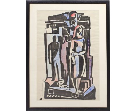 Tuckermann, Geert (1915 Berlin 1989) "Abendliche Straßenszene". Aquarellierte Tuschezeichnung/Papier (Knicke), li. u. sign., 