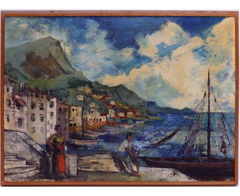 Unbekannter Maler (Mitte 20. Jh.) Südländische Hafenansicht. Öl/Platte. Ca. 75x 98 cm. R.