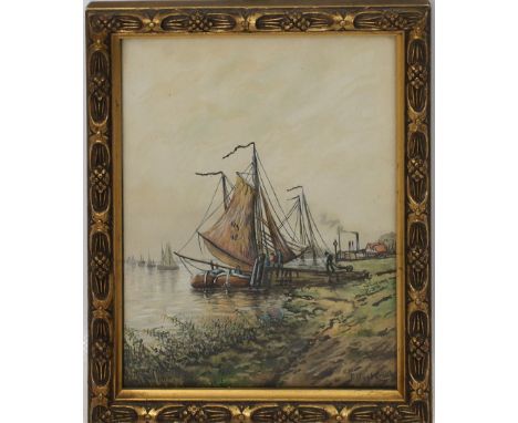 Säuberlich, E. (um 1910) Ankerndes Fischerboot mit Personen am Steg. Aquarell, re. u. sign. und dat. 1910. Ca. 17,5x 13 cm. R