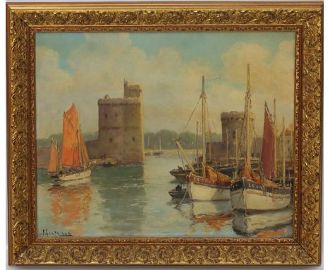 Unbekannter Maler (20. Jh.) Hafenanlage mit ankernden Fischerbooten. Öl/Hartfaser, li. u. unleserlich sign. Ca. 33x 40,5 cm. 