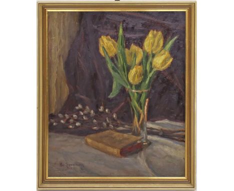 Sannemann, Paul (geb. 1930) Stillleben mit gelben Tulpen - "Frühlingsboten", so verso betitelt. Öl/Karton, li. u. sign. und b