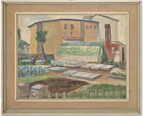 Frankenstein, Wolfgang (1918 Berlin 2010) Hinterhofgarten. Öl/Platte, li. u. sign. und dat. (19)60 oder 69. 40x 49 cm. R.