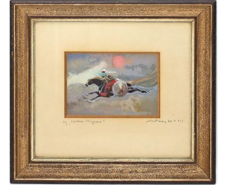 Unbekannter Maler (um 1953) Orientalischer Krieger auf Pferd. Gouache/Papier, auf PP. unleserlich betitelt, sign. und dat. "3