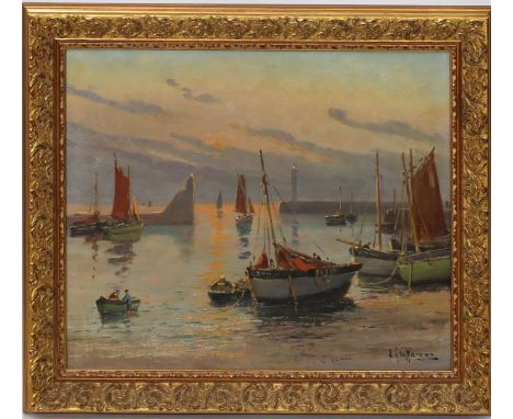 Unbekannter Maler (20. Jh.) Ankernde Fischerboote in der Abendröte. Öl/Hartfaser, re. u. unleserlich sign. Ca. 33x 41 cm. R.