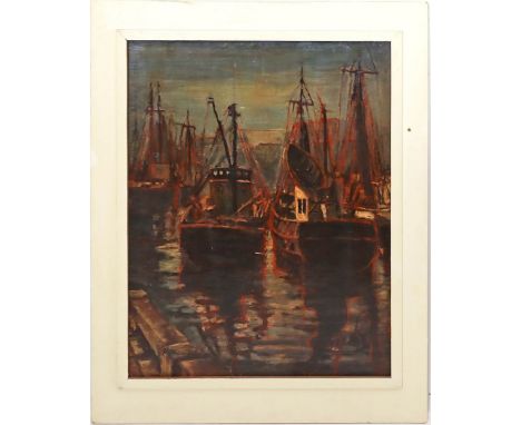 Auerbach, Alfred (1912 Rostock - Berlin 1980) Hafen (Rostock ?) mit Fischerbooten in der Dämmerung. Öl/Platte, li. u. sign. 6