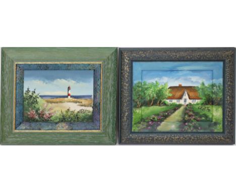 Sbergio, Domenico (um 1999) 2 Miniaturgemälde: Leuchtturm bzw. Reetdachhaus auf Sylt. Öl/Hartfaser, je re. u. sign. und dat. 