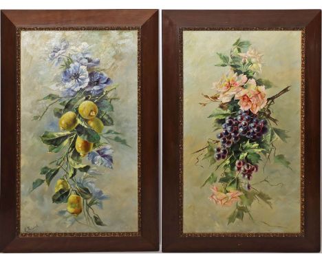 Unbekannter Maler (um 1900) Gegenstücke: Blumen mit Trauben bzw. Zitronen. Öl/Lwd. (Kratzer). Je 78x 46 cm. R.