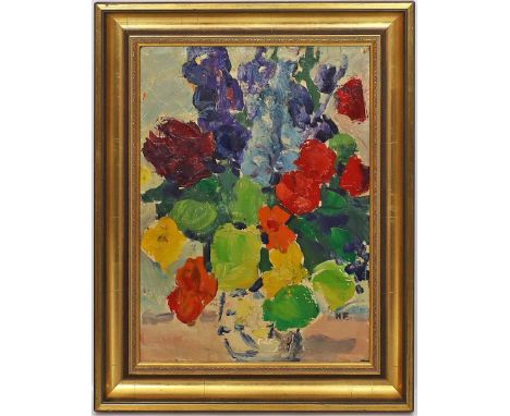 Monogrammist H. F. (20. Jh.) Expressives Blumenstillleben. Öl/Platte (kl. Farbfehlstellen), re. u. monog. "HF". Ca. 40x 30 cm