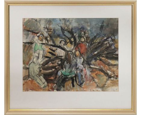 Böttcher, Brigida ,(geb. 1952 Zwickau), wohl Figuren in Landschaft. Aquarell/Bleistift, re. u. sign. und dat. (19)72. 34x 44 