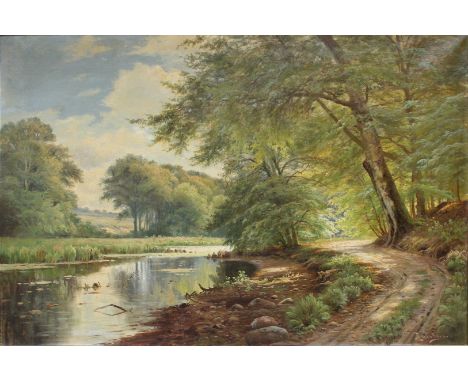 Jacobsen, August (1868 Stravanger 1955), wohl Sonnendurchflutetes Seeufer. Öl/Lwd. (rest.), re. u. sign. 100x 150 cm. R.