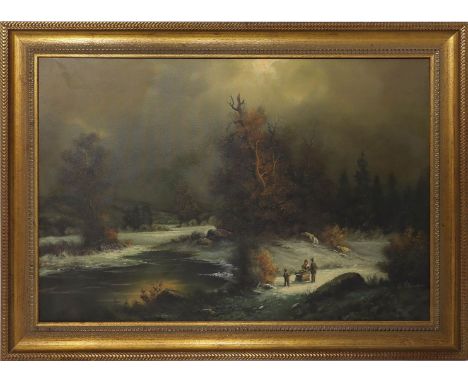 Unbekannter Maler (20. Jh.) Stimmungsvolle Winterlandschaft mit Figuren am Ufer. Öl/Lwd., re. u. undeutlich sign. 68x 100 cm.